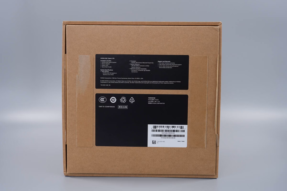 Single DGX Spark unit showing the GB10 Grace Blackwell Superchip with 128 GB unified memory and 4 TB NVMe storage